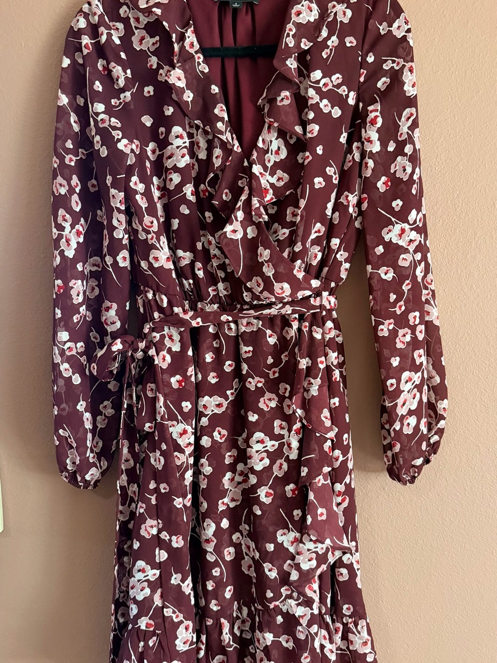 INC International Concepts Burgundy Floral Long Sleeve Wrap Dress